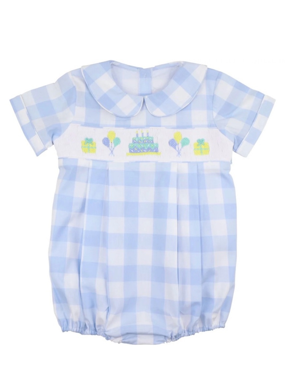 Cecil and Lou Blue Gingham Baby Bubble with Embroidered Cake